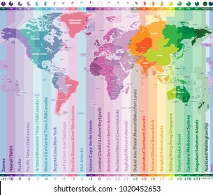 world time zones vector map with countries names and borders