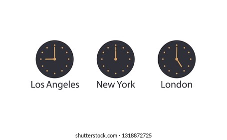 Сoncept of world time and time zones.Navy wall clock with gold hands and dial show time in Los Angeles, New York and London.Element for business design, office,reception,hotel,room,cabinet.Vector