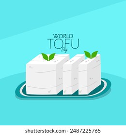 World Tofu Day event food banner. White tofu with green leaves on a plate on light blue background to celebrate on July 26th