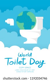 World toilet day 19 November vertical Banner set, Sanitary problem concept earth with flush toilet illustration on sky and cloud background with copy space, vector eps 10