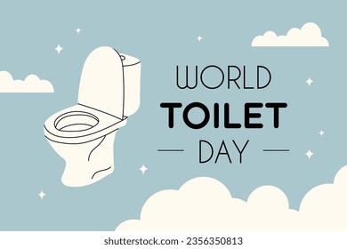 World Toilet Day. Banner with a white toilet bowl on a blue background with clouds. November 19. Vector stock illustration. Sanitary problem concept earth with flush toilet illustration