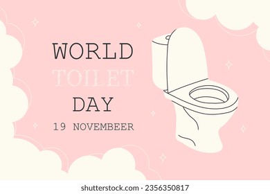 World Toilet Day. Banner with a white toilet bowl on a pink background with clouds. Holiday concept. November 19. Vector stock illustration. Template for background, poster with text inscription. 