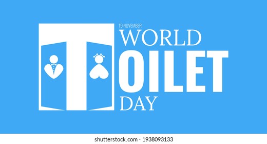 World toilet day celebrate 19 november. Greeting card, poster, banner, flyer, postcard concept design. WC women and men icon on blue open door background. Vector illustration