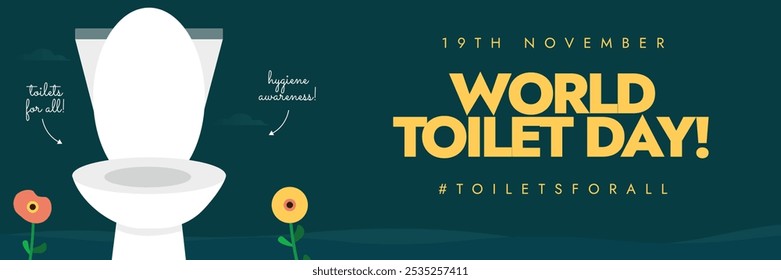 World Toilet Day cover banner. 19 November Toilet day cover banner, post with a toilet seat icon. The day encourages to take actions to tackle the global sanitation crisis, building bathrooms for all.