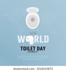 World Toilet Day October 19th banner with roll tissue illustration and top view closet on dotted map background