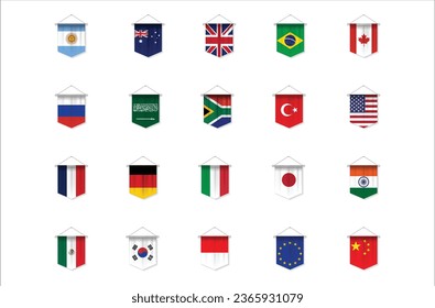 bandera de los 20 principales países del mundo colgando en blanco aislado