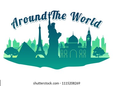 world top famous landmark silhouette style on island  famous landmark silhouette style,around the world,travel and tourism,vector illustration