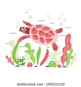 World tortoise day. Hand drawn unique sea turtle, algae, coral, stones. Gorgeous underwater world. Scandinavian style. 1
