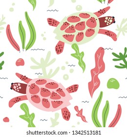 World tortoise day. Hand drawn unique sea turtle seamless pattern. Algae, corals, stones. Gorgeous underwater world. Scandinavian style.1