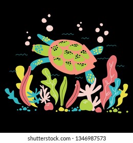 World tortoise day. Hand drawn unique sea turtle, algae, coral, stones. Tropical coral underwater world. Gorgeous underwater world. Scandinavian style. 2