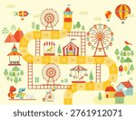 World tour board game template,Funny frame, ladders game,Ferris Wheel colorful from amusement park,Vector illustrations.