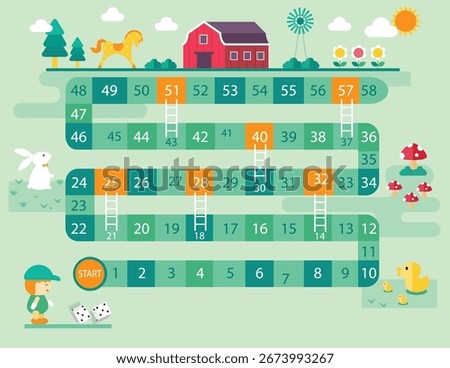 World tour board game template,Funny frame, ladders game,Farm, Vector illustrations.