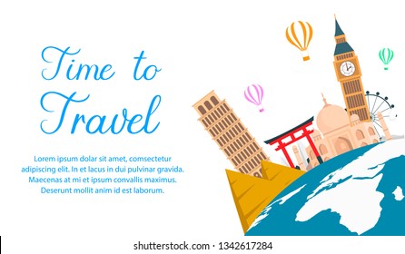 World Tour Color Vector Banner with Text Space. Time to Travel Calligraphy. Famous Landmarks on Globe Flat Drawing. Tourist Attractions on Planet Earth. Big Ben, Taj Mahal, Pyramids