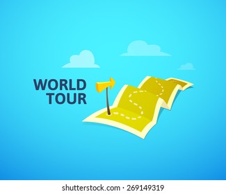 World Tour Concept Logo, Long Route In Travel Map With Guide Marker, Vector Illustration