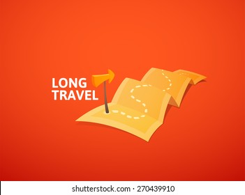 World tour concept logo, long route in travel map with guide marker, vector illustration