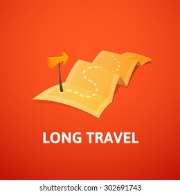 World tour concept logo, long route in travel map with guide marker, vector illustration