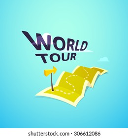 World tour concept logo, long route in travel map with guide marker, vector illustration