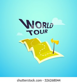 World Tour Concept Logo, Long Route In Travel Map With Guide Marker, Vector Illustration