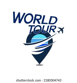 World tour concept logo vector. Illustration world tour concept logo, long route in travel map with point marker and airplant.