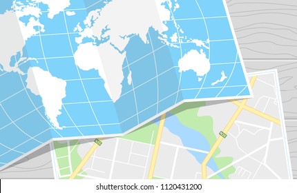 World tour map background. Diary for travel planning. World tour poster. Passport for customs clearance, airplane tickets, route planning. Flat vector cartoon illustration.