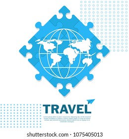 World tour poster. Global map concept. Flat vector cartoon illustration. Objects isolated on white background.