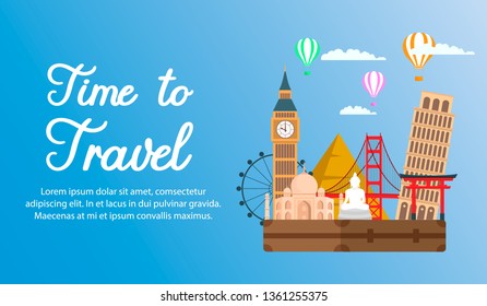 World Tour, Vacation Flat Color Horizontal Banner. Time to Travel Calligraphy. Vintage Suitcase on Famous Landmarks Background. Tourist Attractions Vector Drawing. Big Ben, Torii Gate, Pyramids