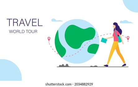 World tour vector illustration. Young girl walking with backpack and map next to the planet. Landing page template. Vector flat style illustration.