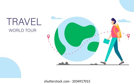 World tour vector illustration. Young man walking with backpack and map next to the planet. Landing page template. Vector flat style illustration.