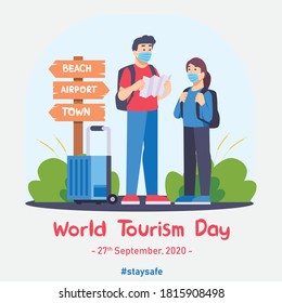 World Tourism Day 2020 vector poster design. Traveling couple with face mask. Traveling new normal concept during corona virus outbreak. Travel with face mask vector