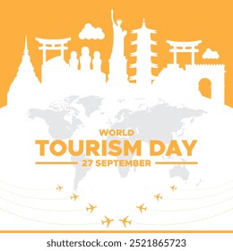 Día Mundial del Turismo, 27 de septiembre, Anuncio, publicación, cartel, diseño de Plantilla de redes sociales para el Día Mundial del Turismo. ilustración de stock, archivo de Vector, diseño conceptual del Día Mundial del Turismo.