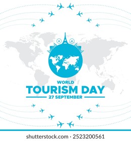 Día Mundial del Turismo, 27 de septiembre, Anuncio, publicación, cartel, diseño de Plantilla de redes sociales para el Día Mundial del Turismo. ilustración de stock, archivo de Vector, diseño conceptual del Día Mundial del Turismo.