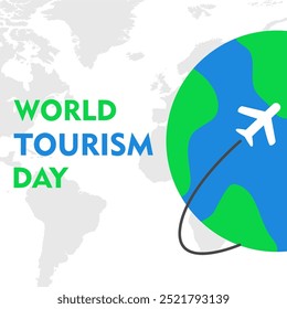 World Tourism Day background concept vector illustration banner poster social media for tourism, World map, airplane and location pin. World Travel Day concept. Travel social media post.