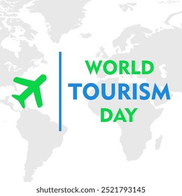 World Tourism Day background concept vector illustration banner poster social media for tourism, World map, airplane and location pin. World Travel Day concept. Travel social media post.