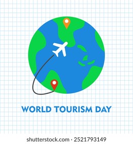Dia Mundial do Turismo de fundo conceito vetor ilustração banner cartaz mídias sociais para o turismo, mapa do mundo, avião e pino de localização. Conceito do Dia Mundial da Viagem. Viaje postagem de mídia social.