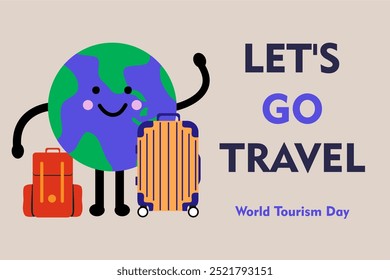 Hintergrund Konzept des Welttourismustages Vektorgrafik Banner Poster Social Media für den Tourismus. Globus Charakter mit Koffer und Rucksack. Konzept des Weltreisetages. Reise Social Media Post.