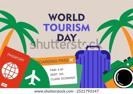 World Tourism Day background concept vector illustration banner poster social media for tourism, Suitcase, backpack, camera, map, boarding pass. World Travel Day concept. Travel social media post.
