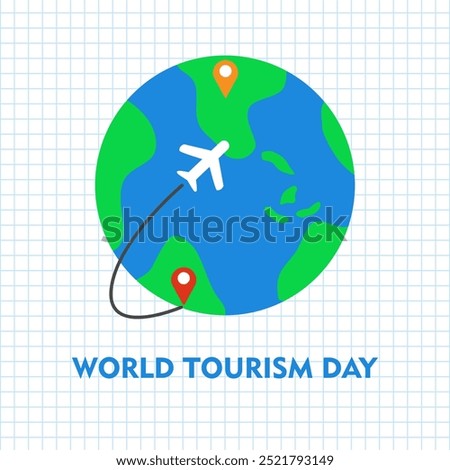 World Tourism Day background concept vector illustration banner poster social media for tourism, World map, airplane and location pin. World Travel Day concept. Travel social media post.