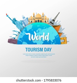 Antecedentes del Día Mundial del Turismo con el mundo y famosos monumentos en el mundo. Estatua de la Libertad, Torre Eiffel, Taj Mahal, pirámide, Ópera de Sidney, Arco de Triunfo, monumento, estatua de Moai