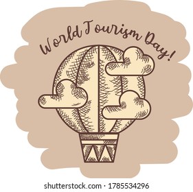 World Tourism Day. Balloon and text congratulations on the holiday of tourism. Hand drawing, stroke and line, vintage vector illustration.