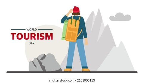 World Tourism Day banner for the holiday. A male traveler is engaged in hiking Hiking with a backpack A tourist in the mountains Vector 