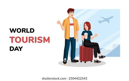 World TOURISM Day banner, postcard with Young couple with suitcase showing thumbs up. Travelling Vector illustration.
