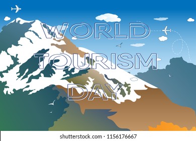 World tourism day. Beautiful mountain landscape with blue sky, clouds and flying planes.Vector illustration for your design