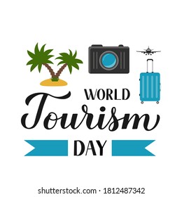 World Tourism Day calligraphy hand lettering. Vector template for typography poster, greeting card, postcard, banner, flyer, sticker, t-shirt, etc. 