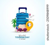 World Tourism Day concept airplane window looks vector illustration banner poster social media idea for tourism, World Heritage Day, World Travel Creative concept. Travel social media post