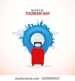 World Tourism Day concept airplane window looks vector illustration banner poster social media idea for tourism, World Heritage Day, World Travel Creative concept. Travel social media post