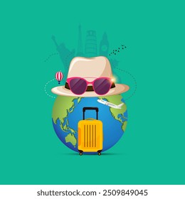 World Tourism Day concept airplane window looks vector illustration banner poster social media idea for tourism, World Heritage Day, World Travel Creative concept. Travel social media post