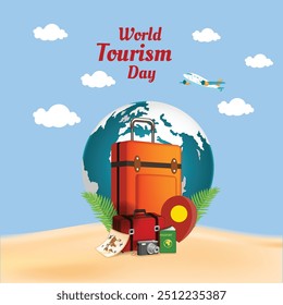 World Tourism Day concept airplane window looks vector illustration poster social media idea for tourism, World Heritage Day, World Travel Creative concept. Travel social media post