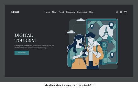 World Tourism Day concept. Illustration of a couple planning a trip using a smartphone with iconic landmarks. Exploring destinations digitally. Vector illustration.