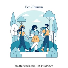 Conceito do Dia Mundial do Turismo. Ilustração de amigos envolvidos no ecoturismo, explorando a natureza com práticas sustentáveis de viagem. Ilustração vetorial.