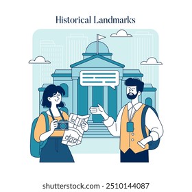 Conceito do Dia Mundial do Turismo. Turistas explorando marcos da cidade com mapa e câmera. Viagens culturais e turismo. Ilustração vetorial.